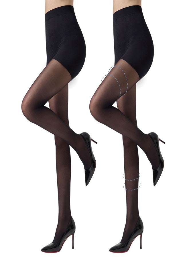 MANZI 2 Pairs Sheer Compression Pantyhose for Women 5-10mmHg Support Compression Stockings 30D Shaping Tights(Black,L) - Image 1
